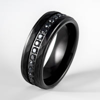 8mm - Black Tungsten Hammered Wedding Band, with Black Sapphires Stepped Edges