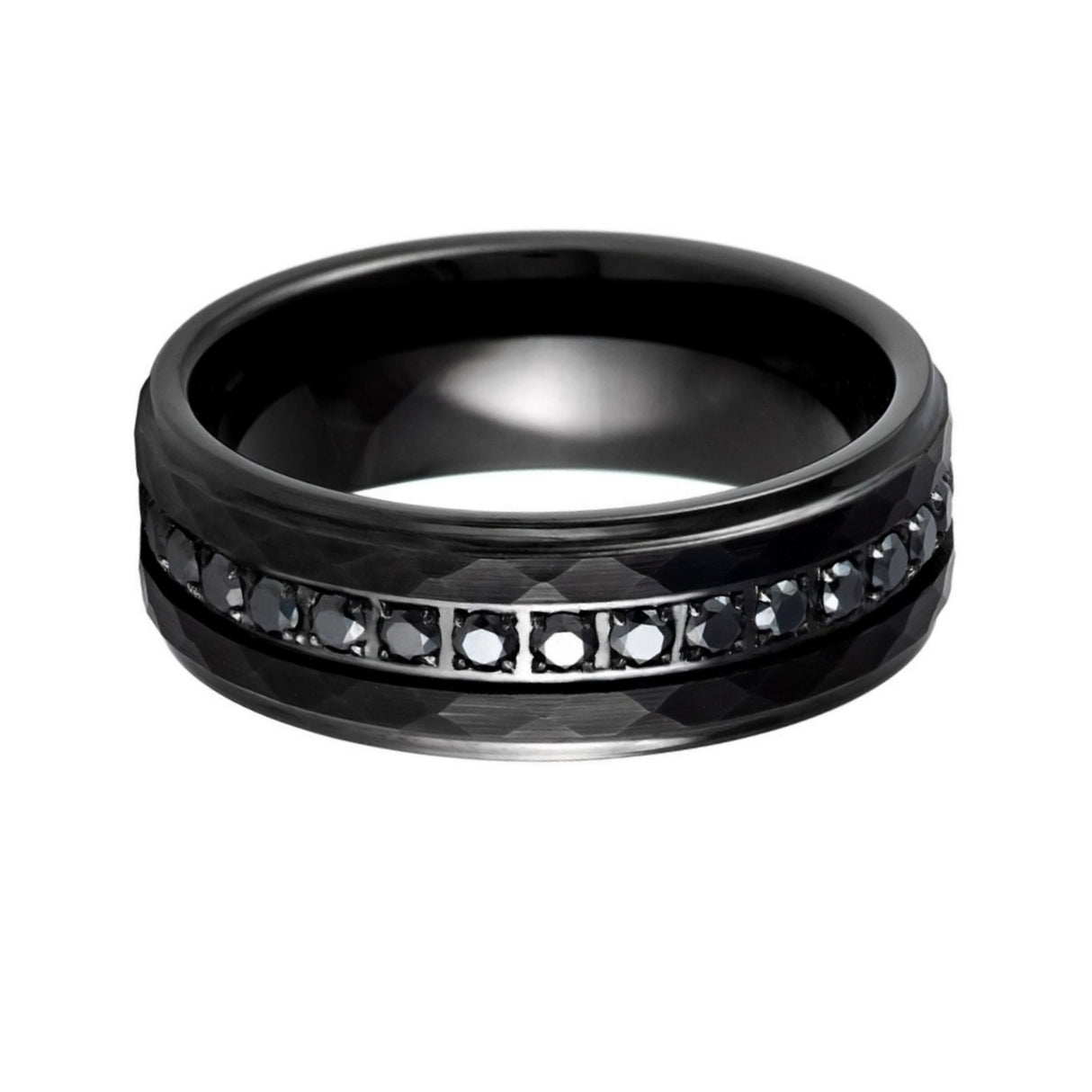 8mm - Black Tungsten Hammered Wedding Band, with Black Sapphires Stepped Edges