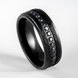 8mm - Black Tungsten Hammered Wedding Band, with Black Sapphires Stepped Edges