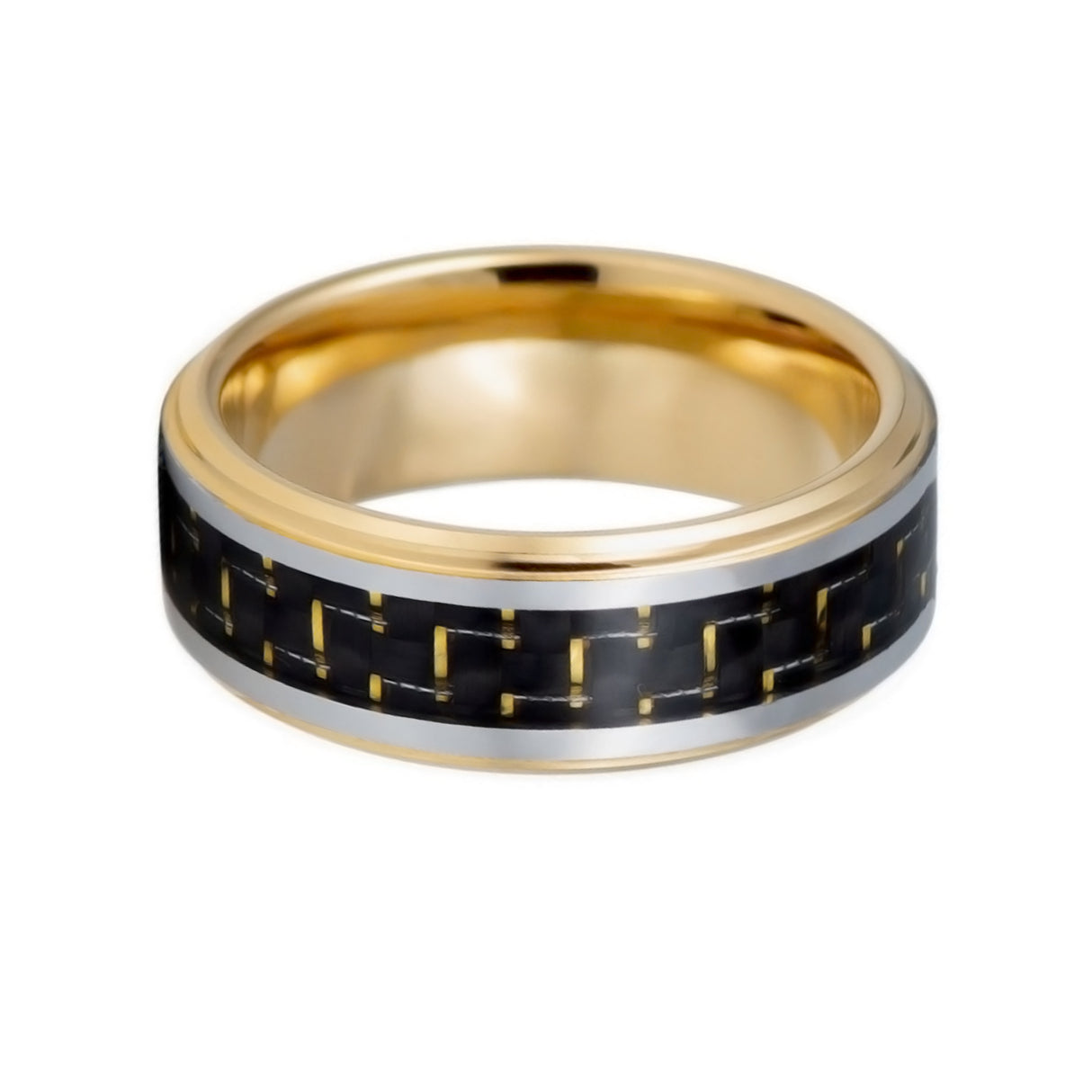 8mm - Gold Tungsten Ring with Black & Gold Carbon fiber Inlay