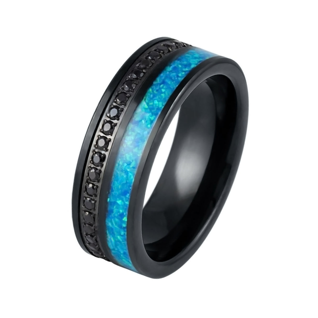 8mm - Black Tungsten Ring with Black CZ Eternity & Blue Opal Inlay