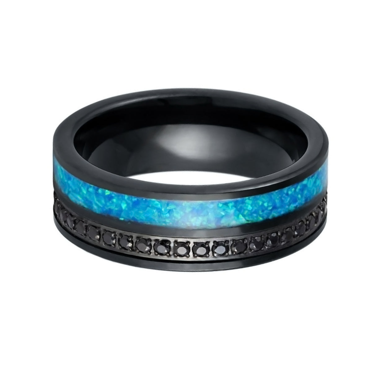 8mm - Black Tungsten Ring with Black CZ Eternity & Blue Opal Inlay