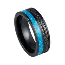 8mm - Black Tungsten Ring with Black CZ Eternity & Blue Opal Inlay