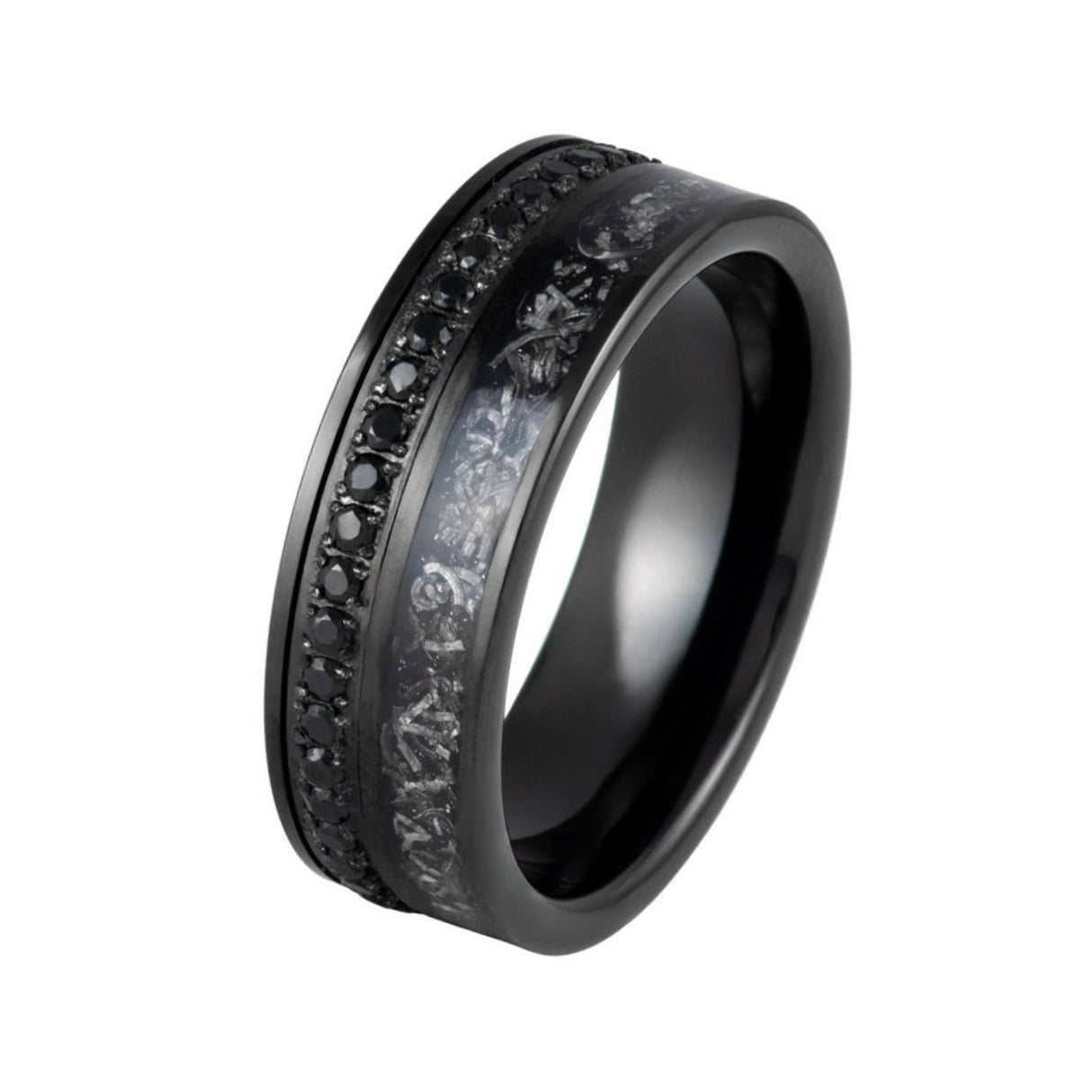 8mm - Black Tungsten Ring with Black CZ Eternity & Meteorite Inlay