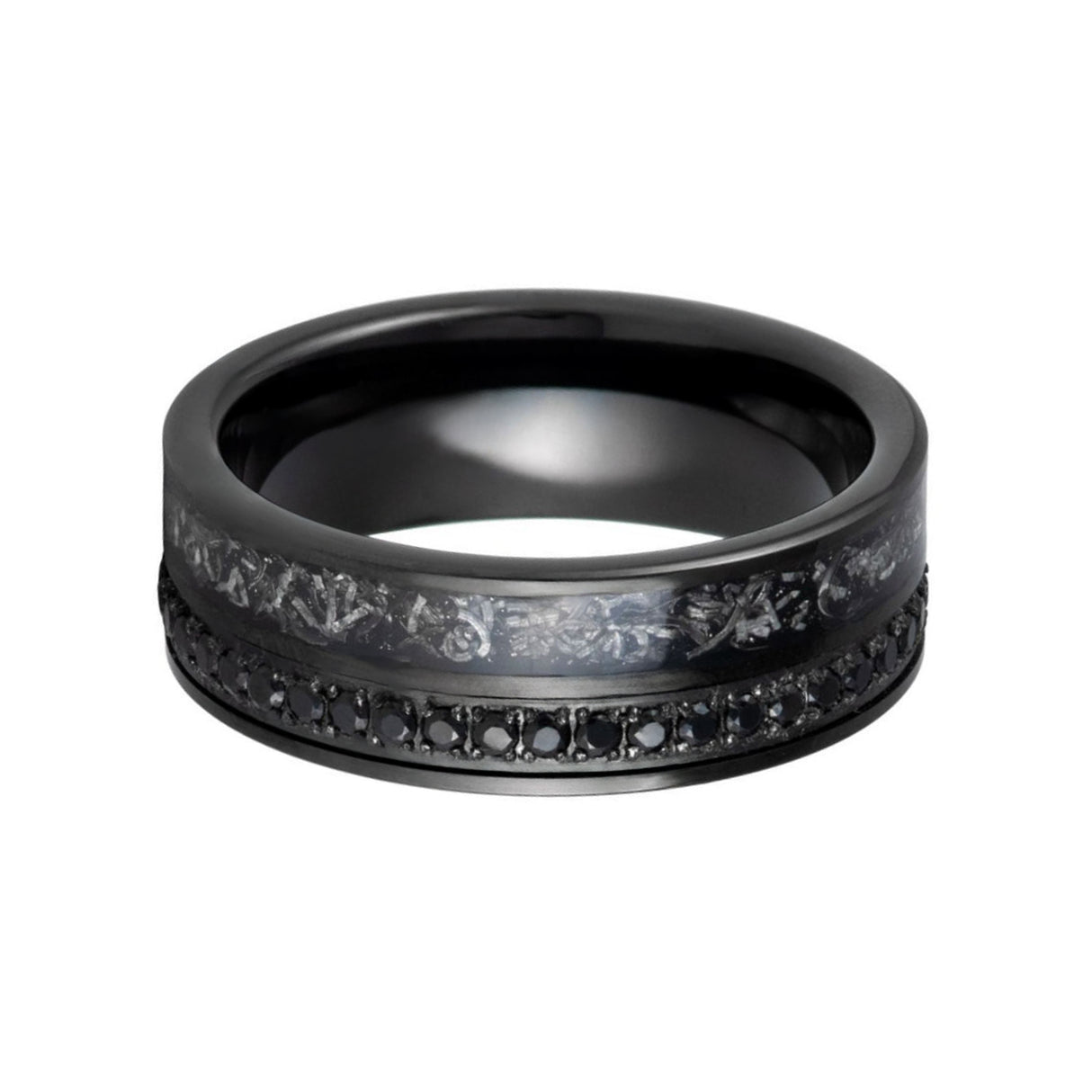 8mm - Black Tungsten Ring with Black CZ Eternity & Meteorite Inlay