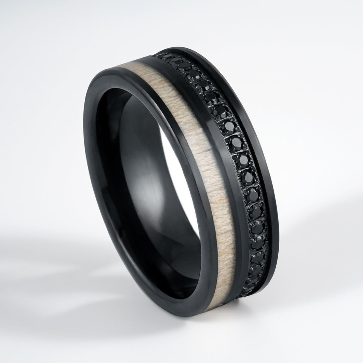 8mm - Black Tungsten Ring with Black CZ Eternity & Wood Inlay