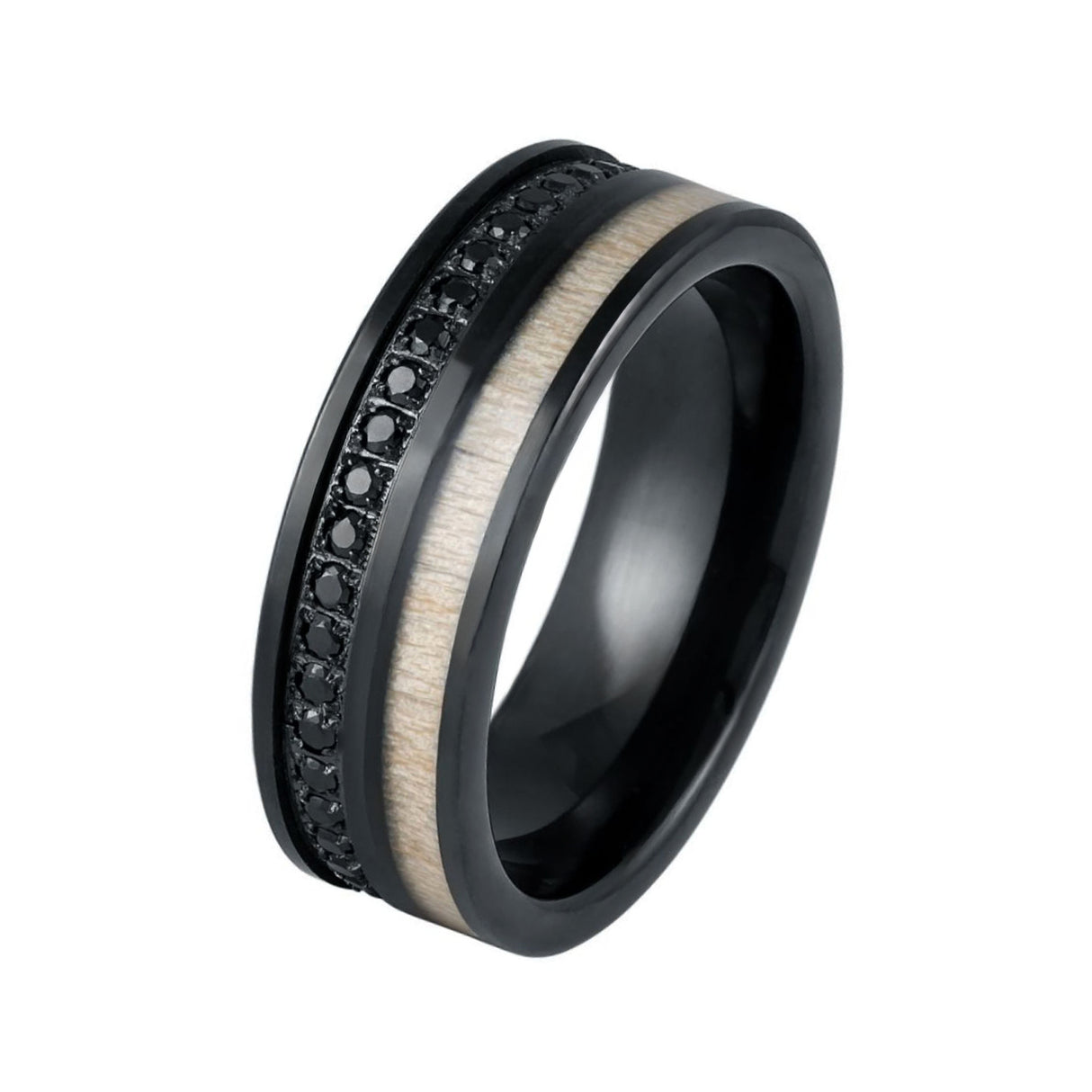 8mm - Black Tungsten Ring with Black CZ Eternity & Wood Inlay