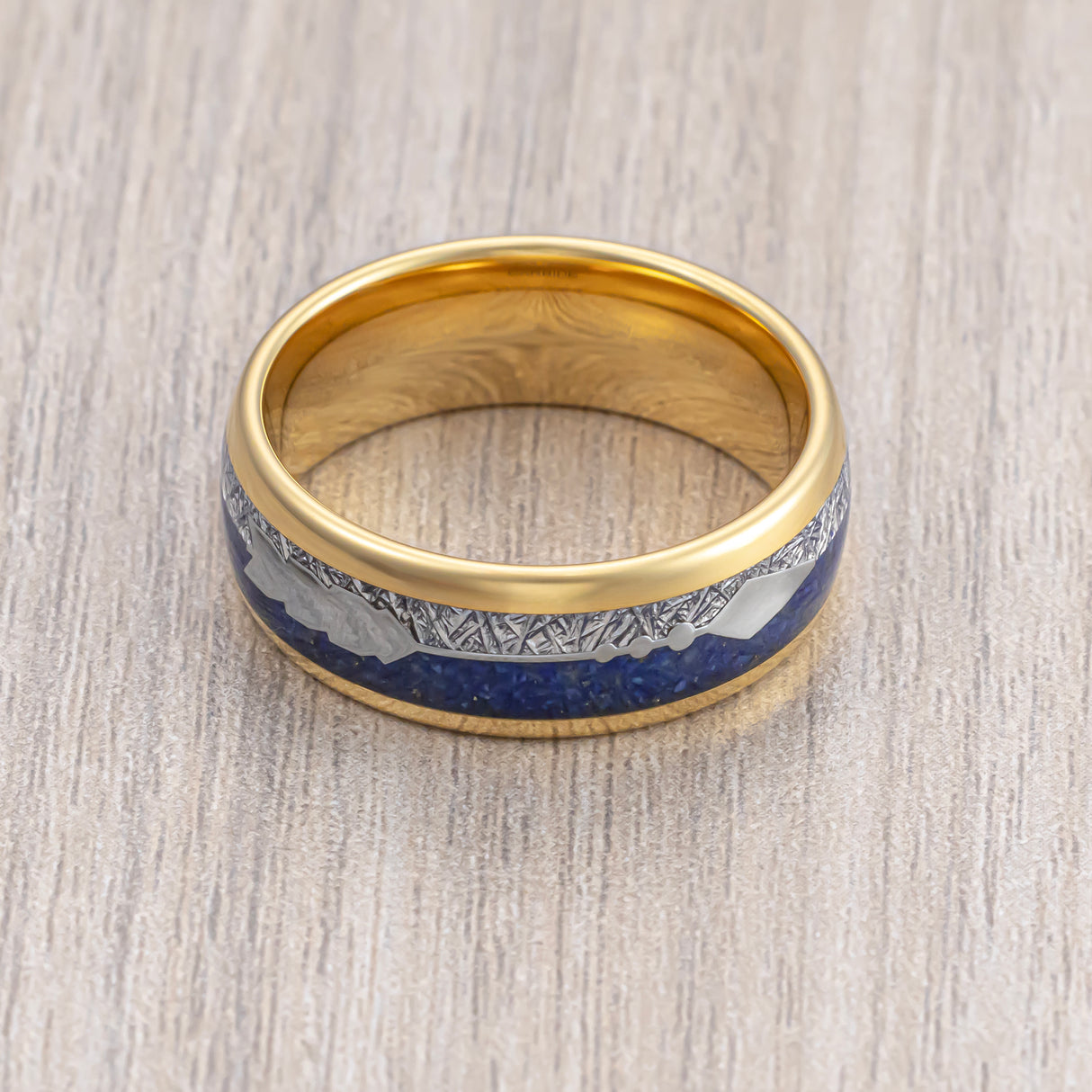 8mm- yellow GOLD TUNGSTEN ARROW RING W/ BLUE LAPIS LAZULI, FAUX METEORITE