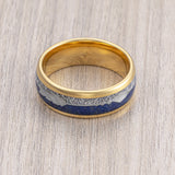 8mm- yellow GOLD TUNGSTEN ARROW RING W/ BLUE LAPIS LAZULI, FAUX METEORITE