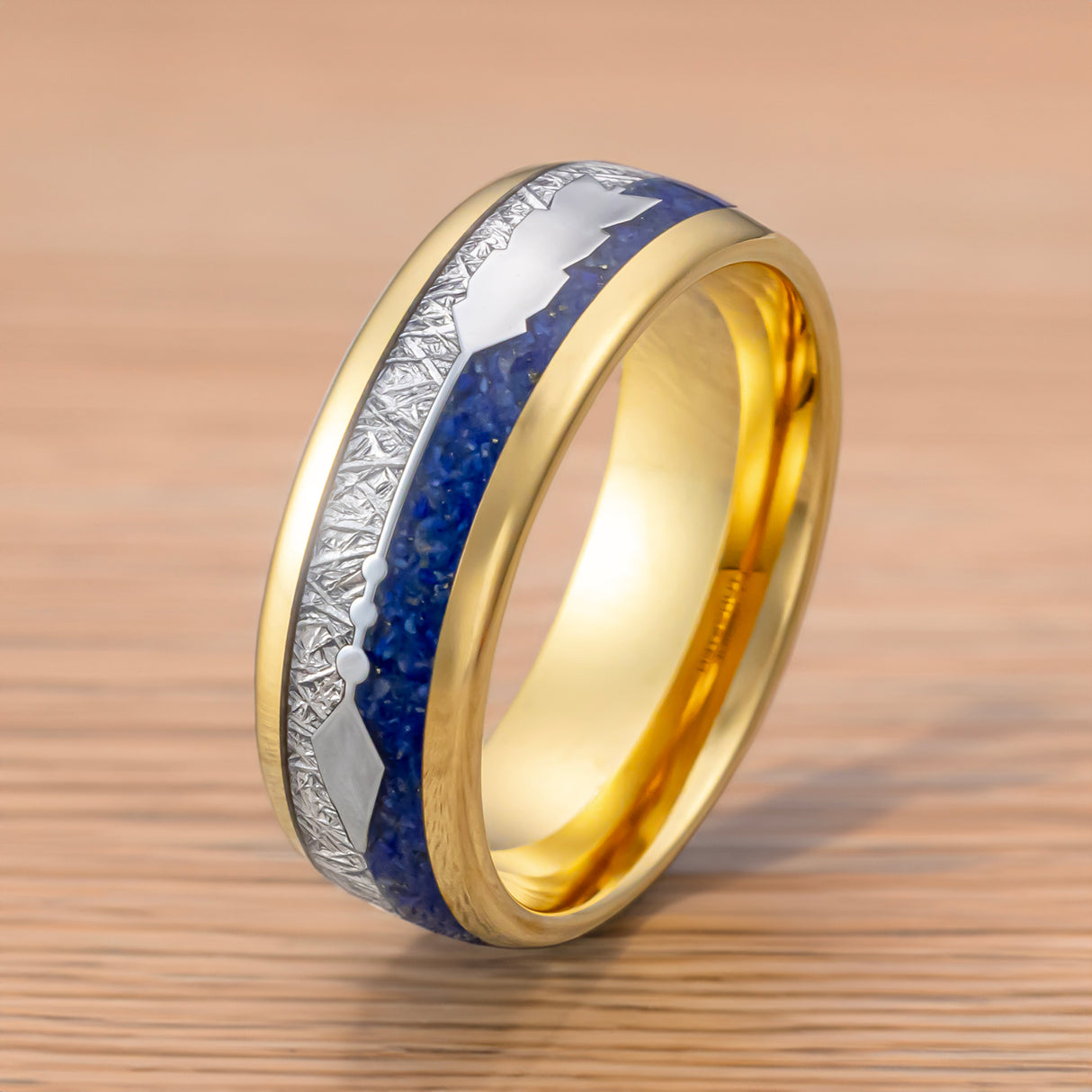 8mm- yellow GOLD TUNGSTEN ARROW RING W/ BLUE LAPIS LAZULI, FAUX METEORITE