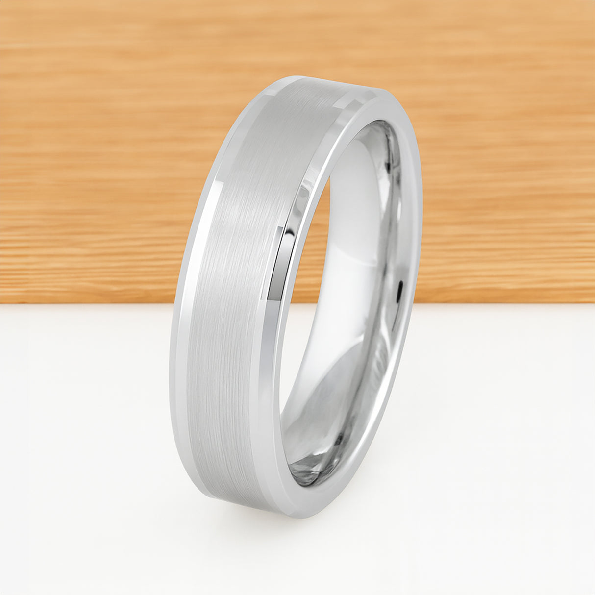White Silver Platinum-Like Finish Tungsten Ring with Brushed Center and Polished Beveled Edges-6mm