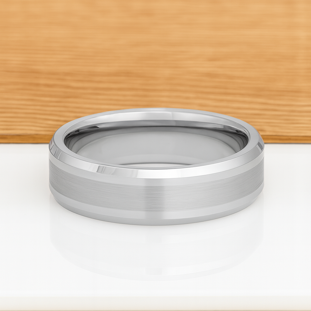 White Silver Platinum-Like Finish Tungsten Ring with Brushed Center and Polished Beveled Edges-6mm