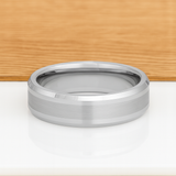 White Silver Platinum-Like Finish Tungsten Ring with Brushed Center and Polished Beveled Edges-6mm