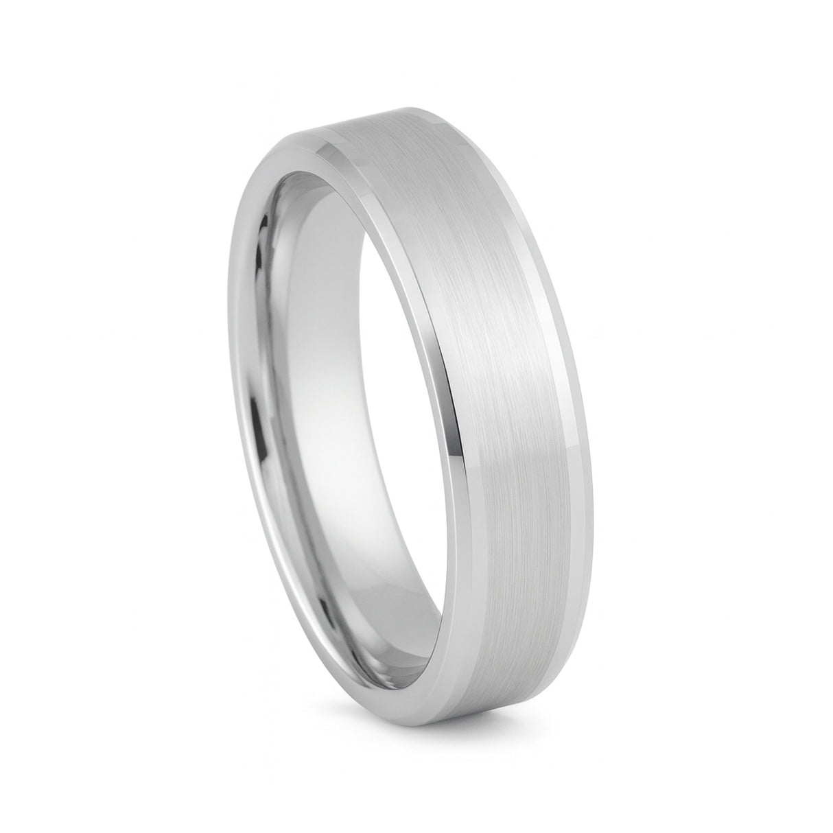 White Silver Platinum-Like Finish Tungsten Ring with Brushed Center and Polished Beveled Edges-6mm