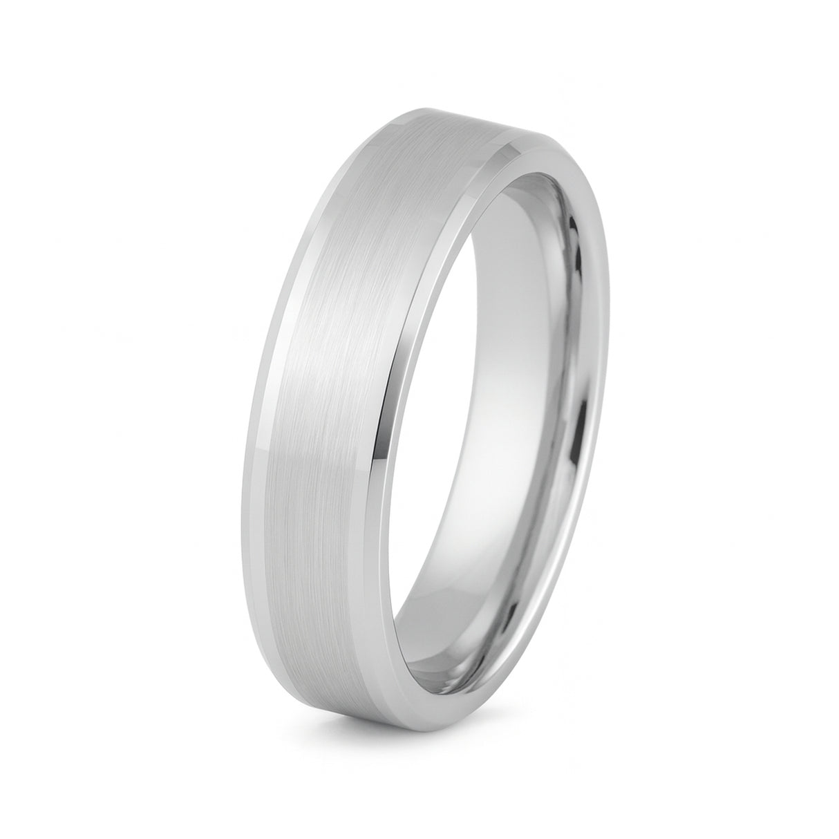 White Silver Platinum-Like Finish Tungsten Ring with Brushed Center and Polished Beveled Edges-6mm
