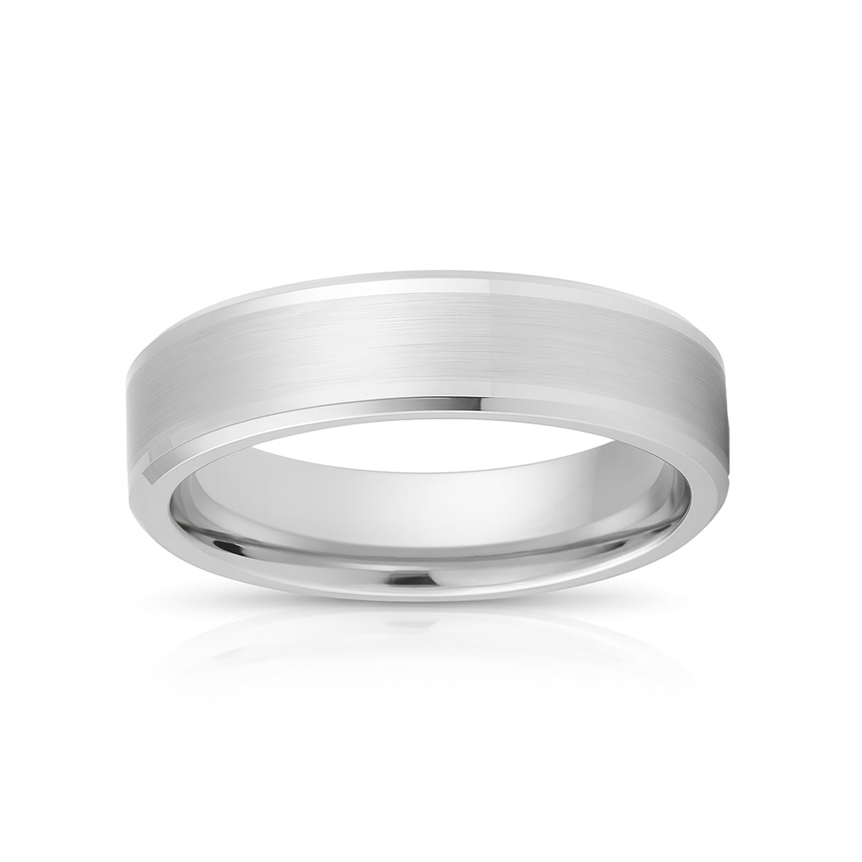 White Silver Platinum-Like Finish Tungsten Ring with Brushed Center and Polished Beveled Edges-6mm