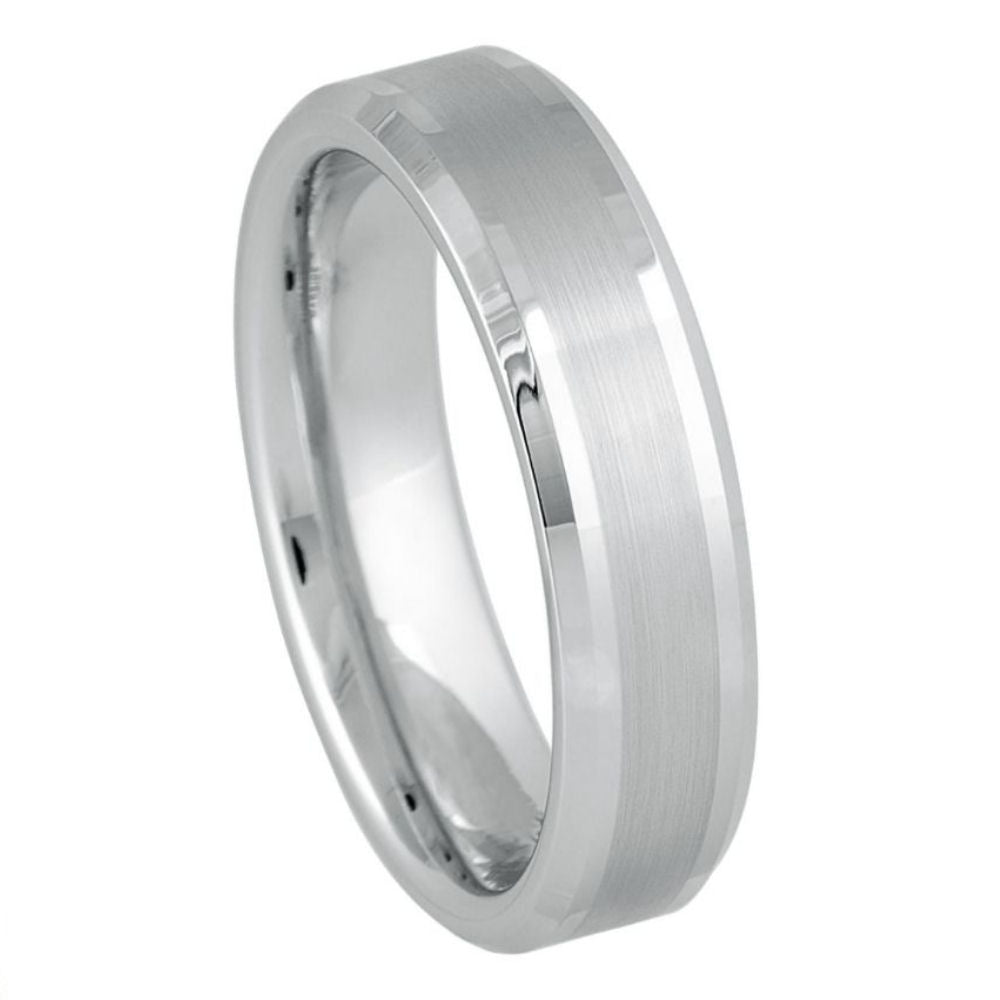 Silver Tungsten Ring with Brushed Center and Polished Beveled Edges-6mm