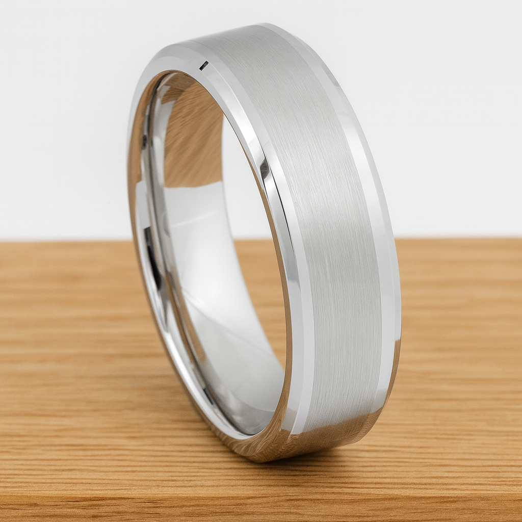 White Silver Platinum-Like Finish Tungsten Ring with Brushed Center and Polished Beveled Edges-6mm