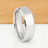 White Silver Platinum-Like Finish Tungsten Carbide Ring Polished Finish Beveled Edges - 8mm