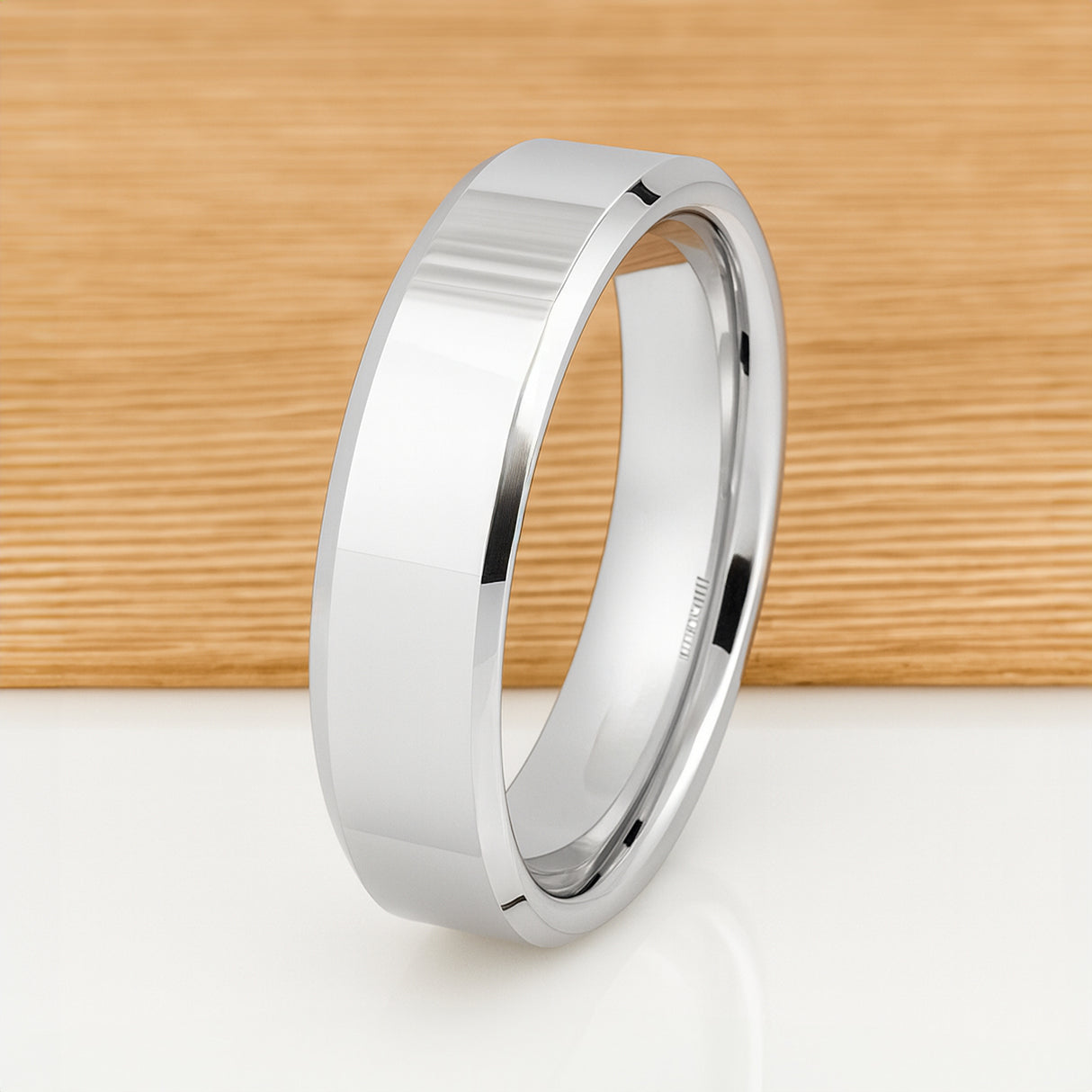 White Silver Platinum-Like Finish Tungsten Carbide Ring Polished Finish Beveled Edges - 6mm