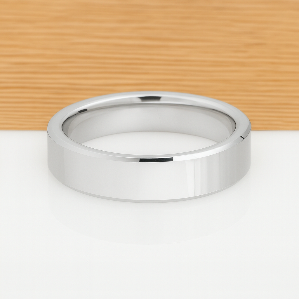 White Silver Platinum-Like Finish Tungsten Carbide Ring Polished Finish Beveled Edges - 6mm