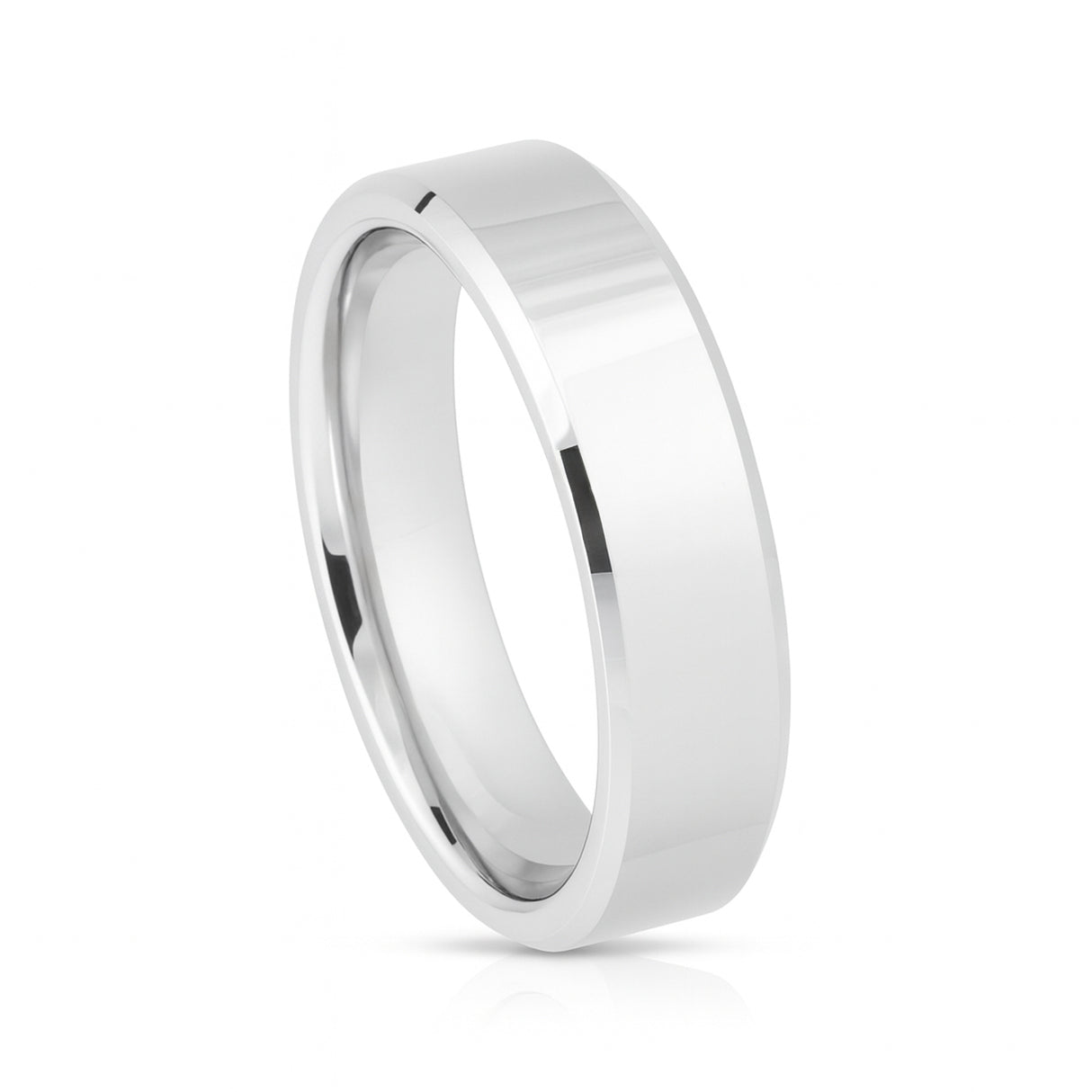 White Silver Platinum-Like Finish Tungsten Carbide Ring Polished Finish Beveled Edges - 6mm