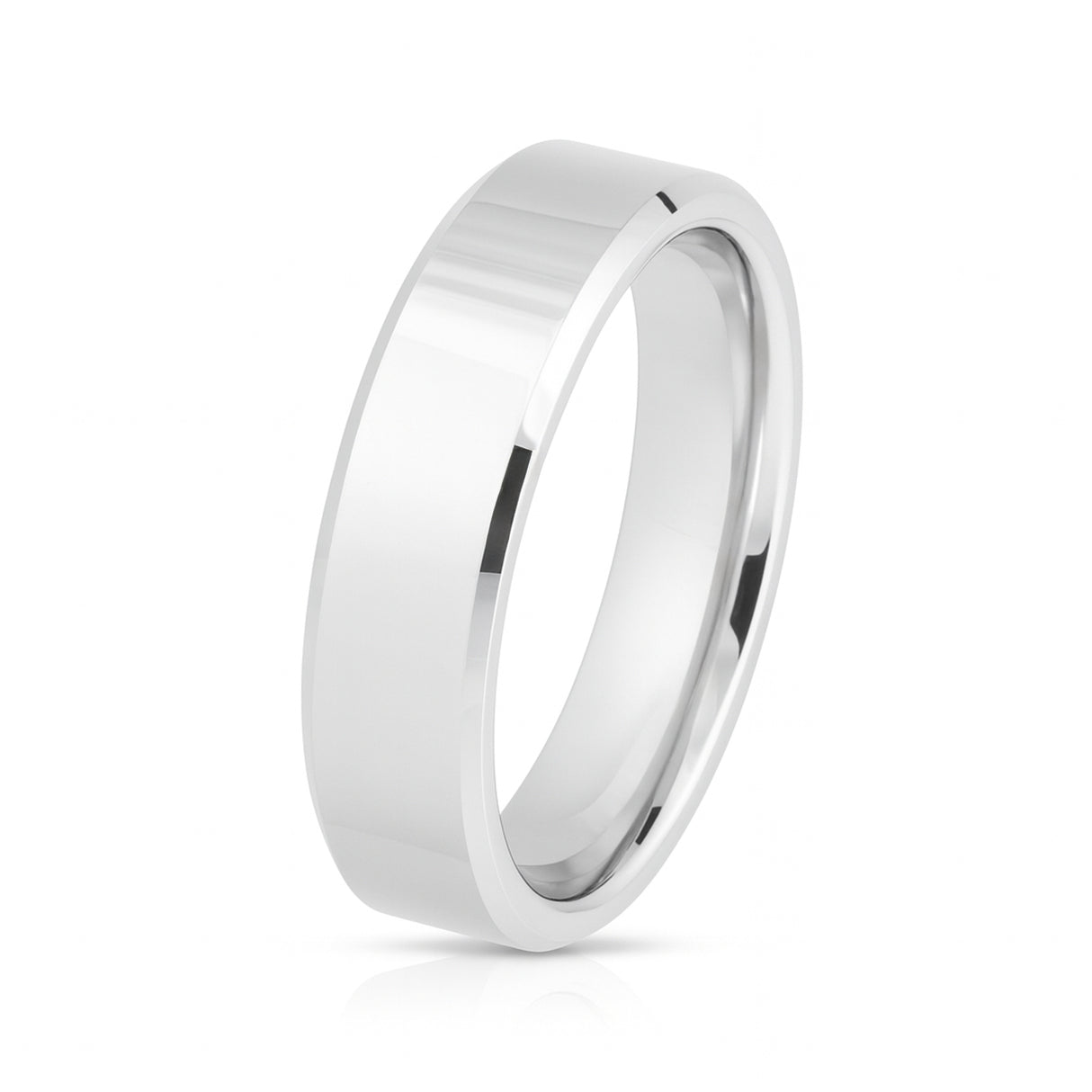 White Silver Platinum-Like Finish Tungsten Carbide Ring Polished Finish Beveled Edges - 6mm