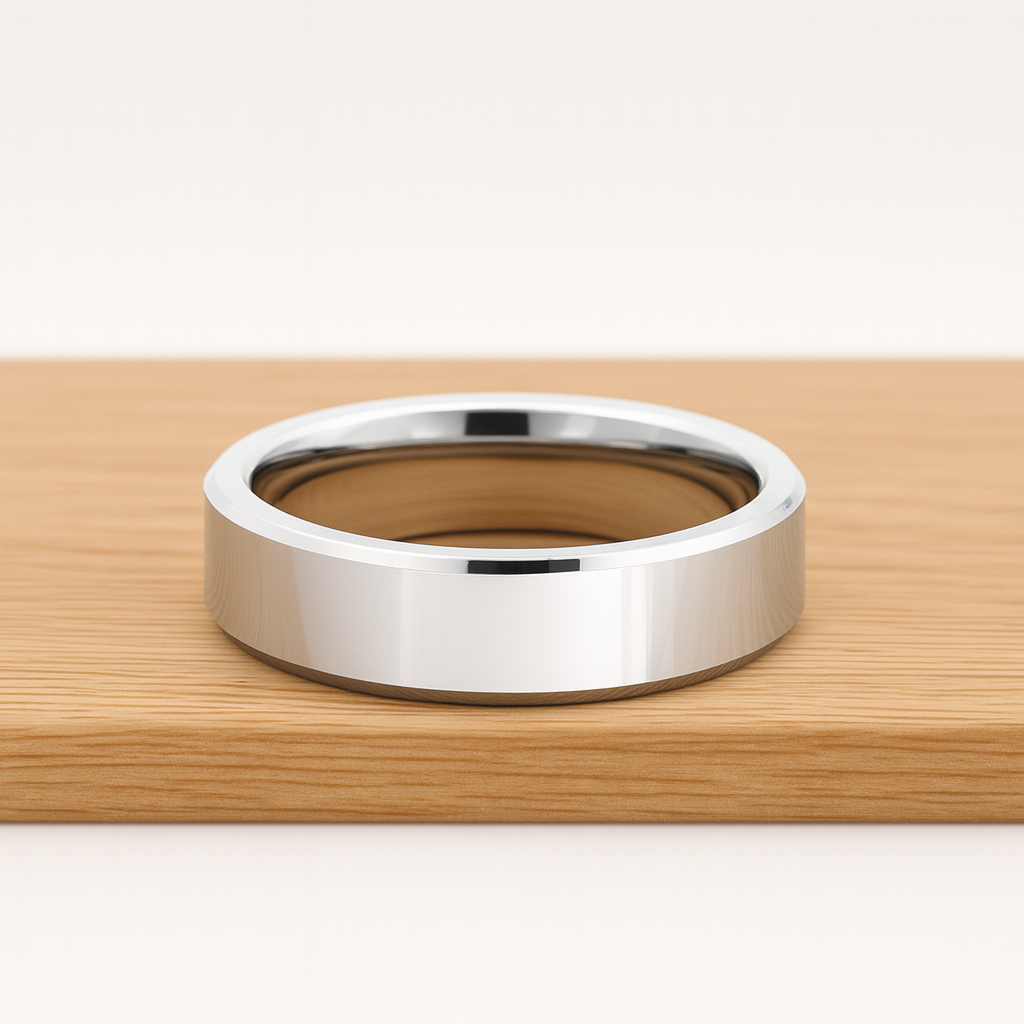 White Silver Platinum-Like Finish Tungsten Carbide Ring Polished Finish Beveled Edges - 6mm