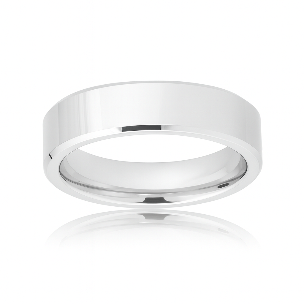 White Silver Platinum-Like Finish Tungsten Carbide Ring Polished Finish Beveled Edges - 6mm