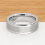 White Silver Platinum-Like Finish Tungsten Brushed Center Ring With Polished Raised Edges - 8mm