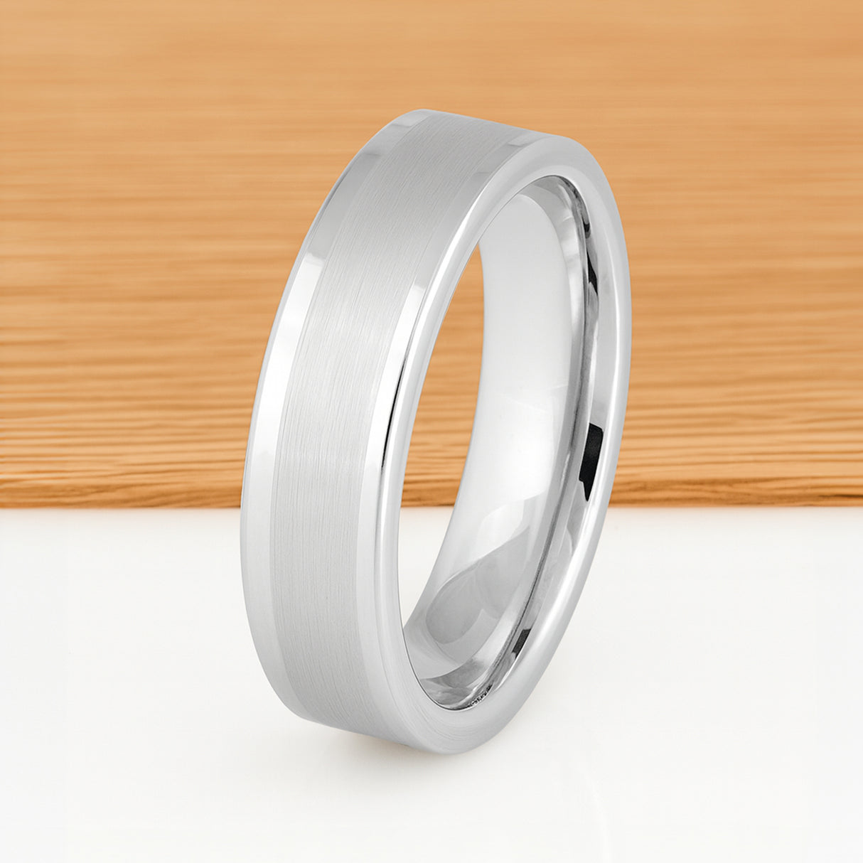 White Silver Platinum-Like Finish Tungsten Brushed Center Ring With Polished  Edges - 6mm