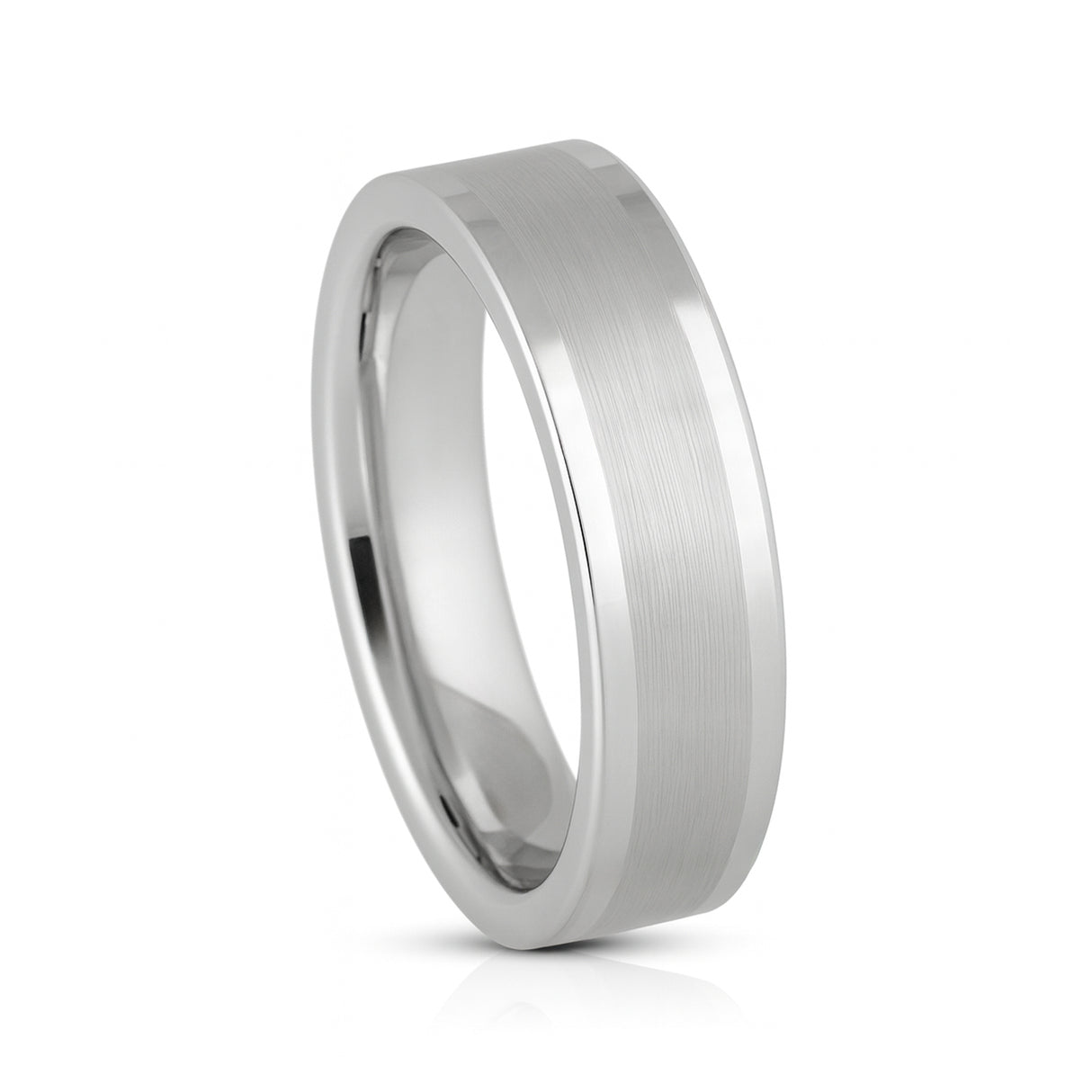 White Silver Platinum-Like Finish Tungsten Brushed Center Ring With Polished  Edges - 6mm