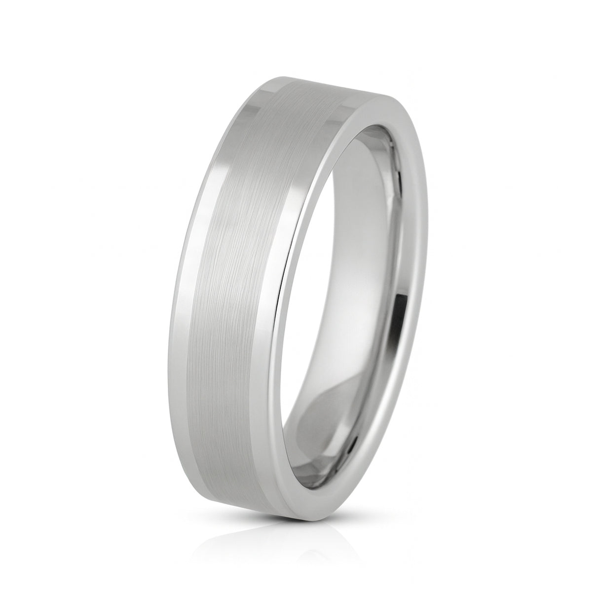 White Silver Platinum-Like Finish Tungsten Brushed Center Ring With Polished  Edges - 6mm
