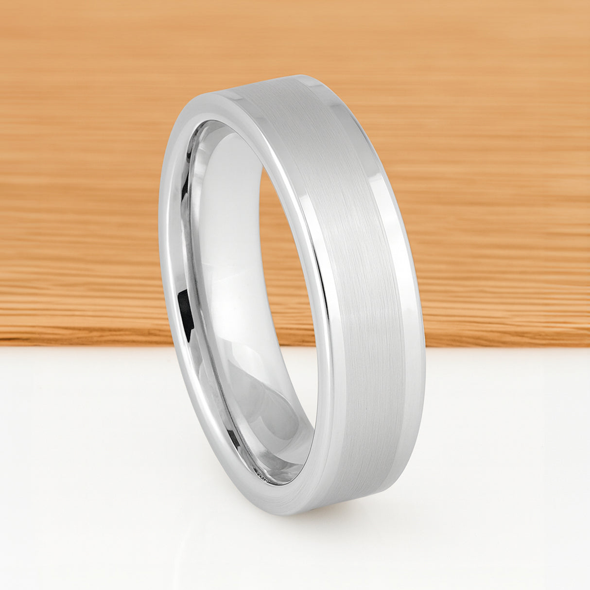 White Silver Platinum-Like Finish Tungsten Brushed Center Ring With Polished  Edges - 6mm
