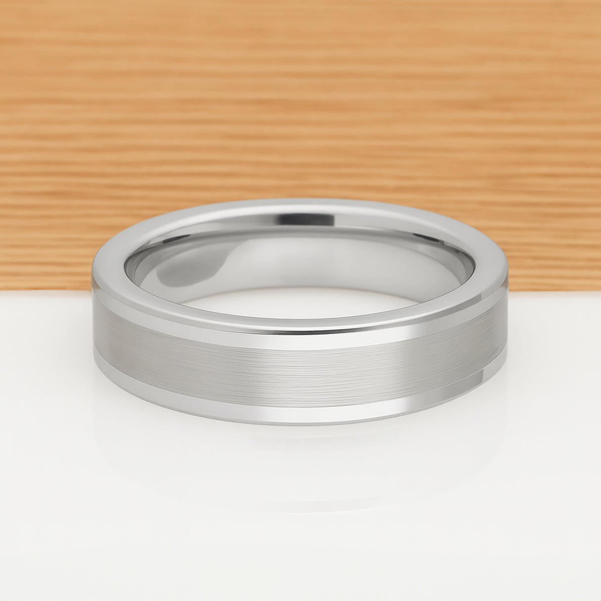 White Silver Platinum-Like Finish Tungsten Brushed Center Ring With Polished  Edges - 6mm
