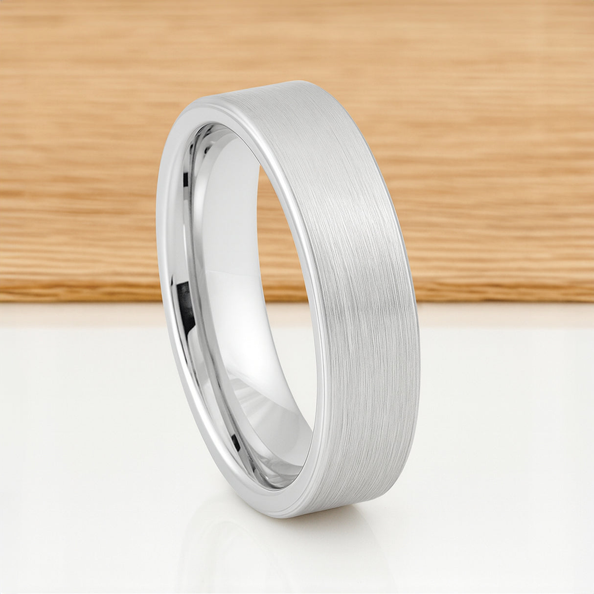 White Silver Platinum-Like Finish Tungsten Brushed Center Ring With Polished Edges - 6mm