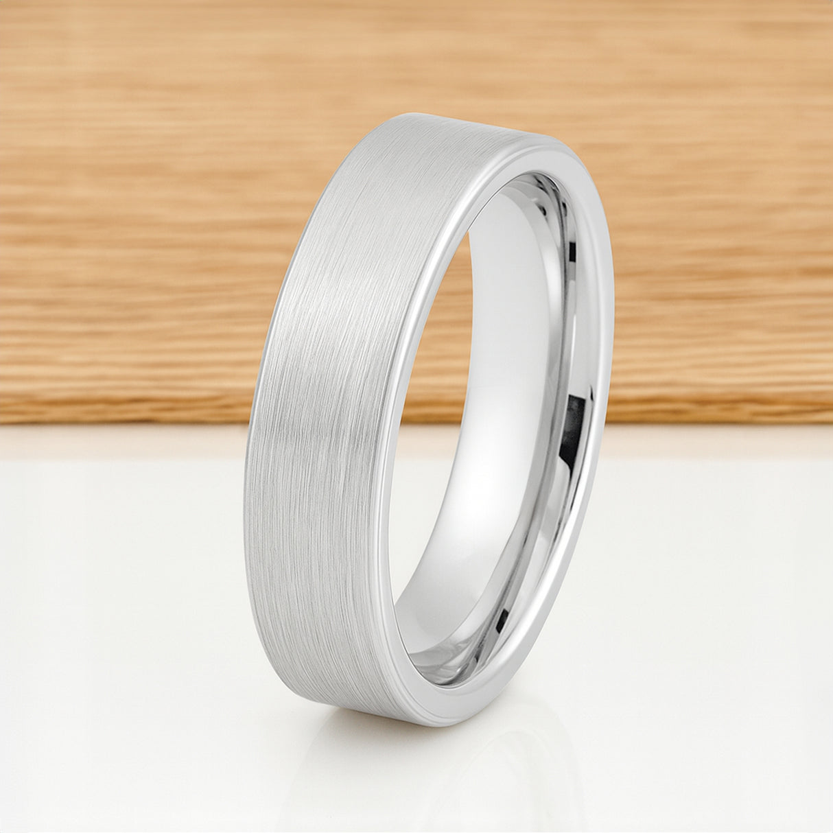 White Silver Platinum-Like Finish Tungsten Brushed Center Ring With Polished Edges - 6mm