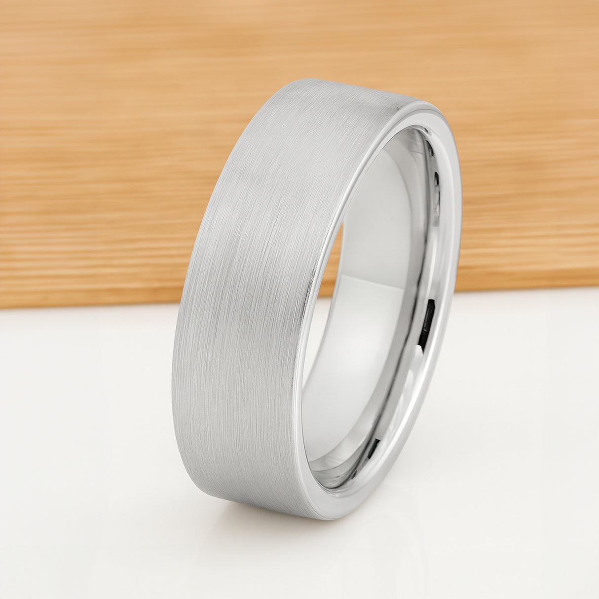 White Silver Platinum-Like Finish Tungsten Brushed Center Ring With Polished Edges - 8mm