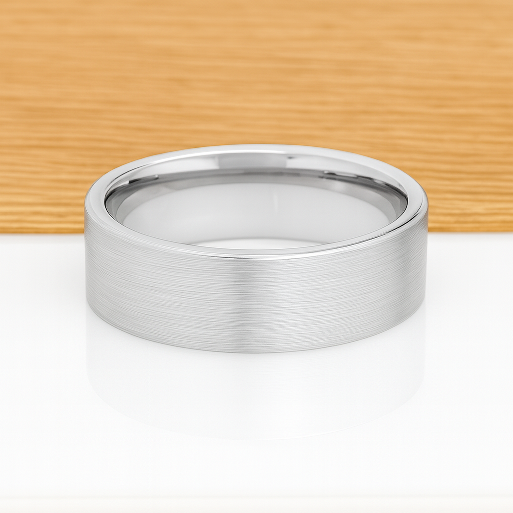 White Silver Platinum-Like Finish Tungsten Brushed Center Ring With Polished Edges - 8mm