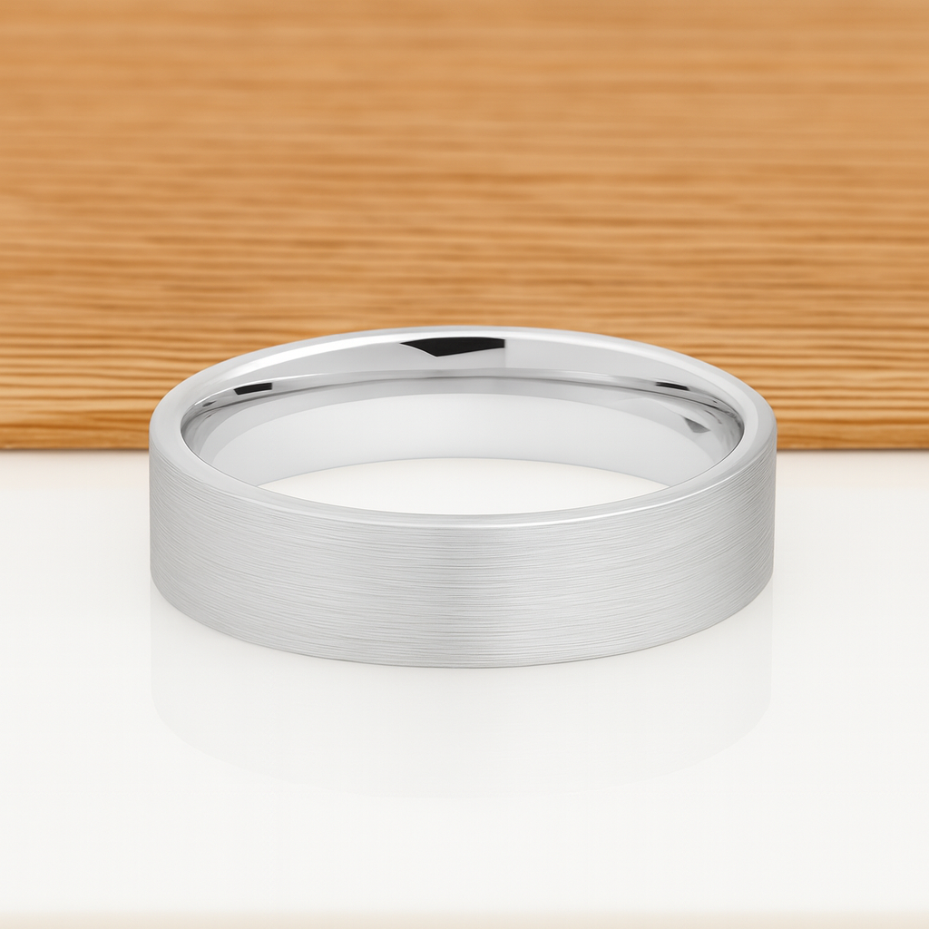 White Silver Platinum-Like Finish Tungsten Brushed Center Ring With Polished Edges - 6mm