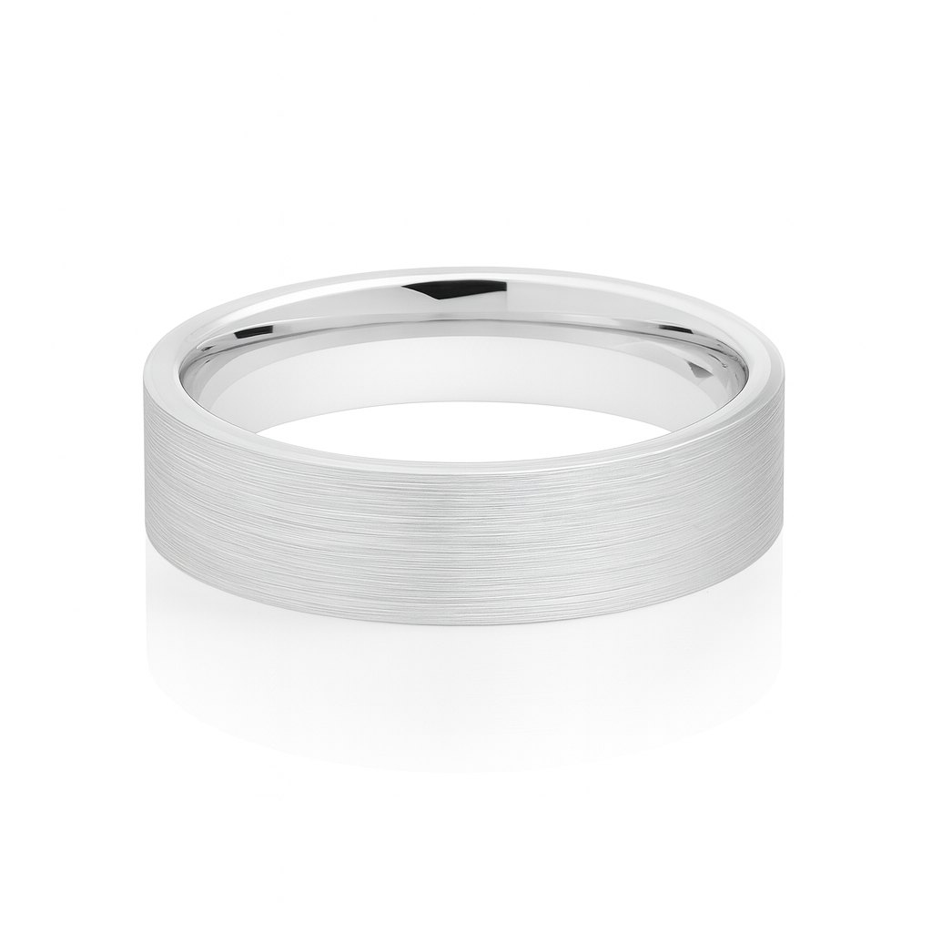 White Silver Platinum-Like Finish Tungsten Brushed Center Ring With Polished Edges - 6mm