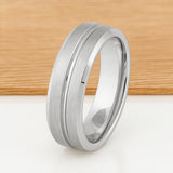 White Silver Platinum-Like Finish Tungsten Carbide Grooved Center Beveled Edged Ring - 8mm