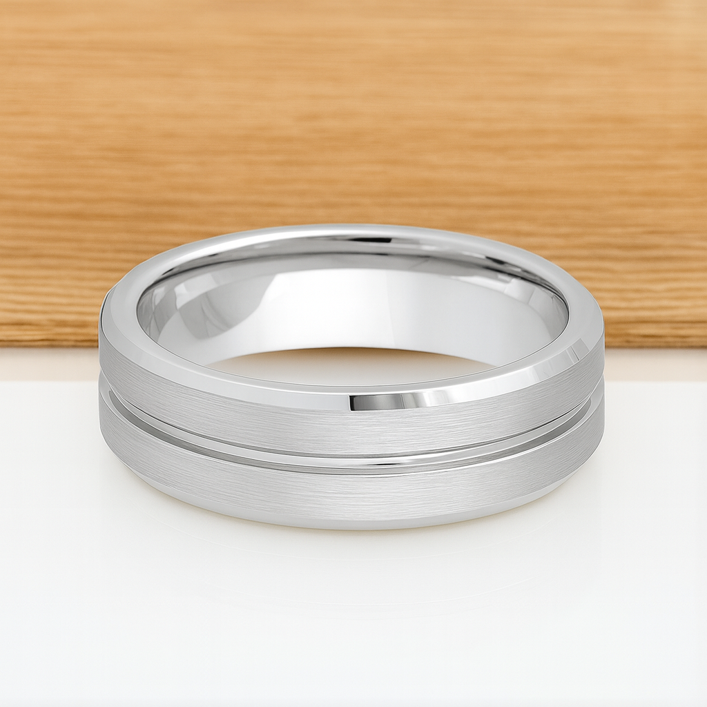 White Silver Platinum-Like Finish Tungsten Carbide Grooved Center Beveled Edged Ring - 8mm