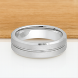 White Silver Platinum-Like Finish Tungsten Carbide Grooved Center Beveled Edged Ring - 8mm