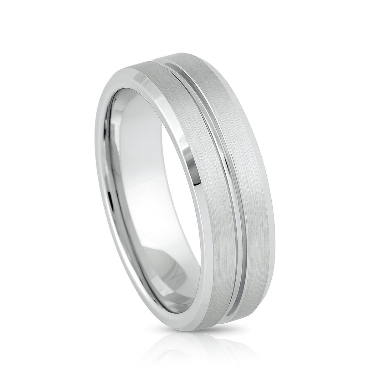 White Silver Platinum-Like Finish Tungsten Carbide Grooved Center Beveled Edged Ring - 8mm