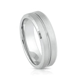 White Silver Platinum-Like Finish Tungsten Carbide Grooved Center Beveled Edged Ring - 8mm