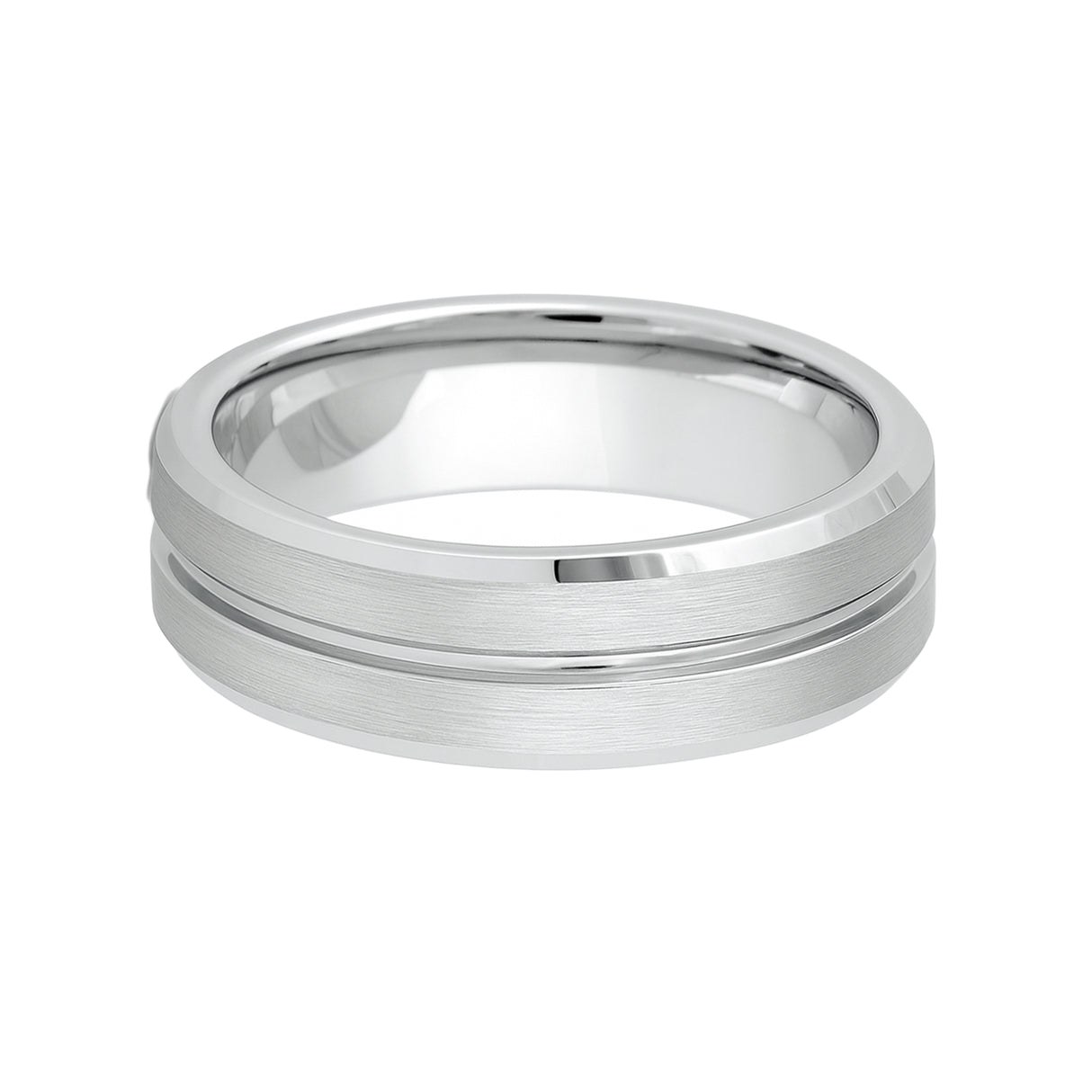 White Silver Platinum-Like Finish Tungsten Carbide Grooved Center Beveled Edged Ring - 8mm