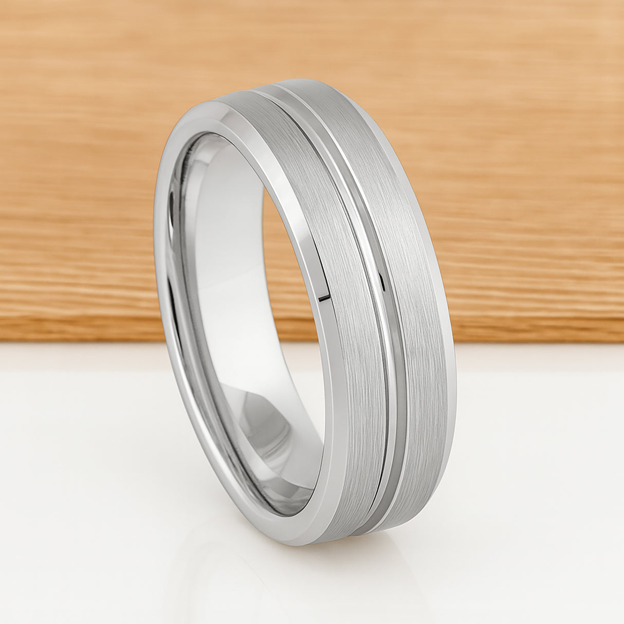 White Silver Platinum-Like Finish Tungsten Carbide Grooved Center Beveled Edged Ring - 8mm