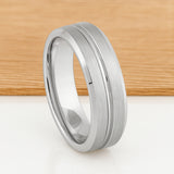 White Silver Platinum-Like Finish Tungsten Carbide Grooved Center Beveled Edged Ring - 8mm