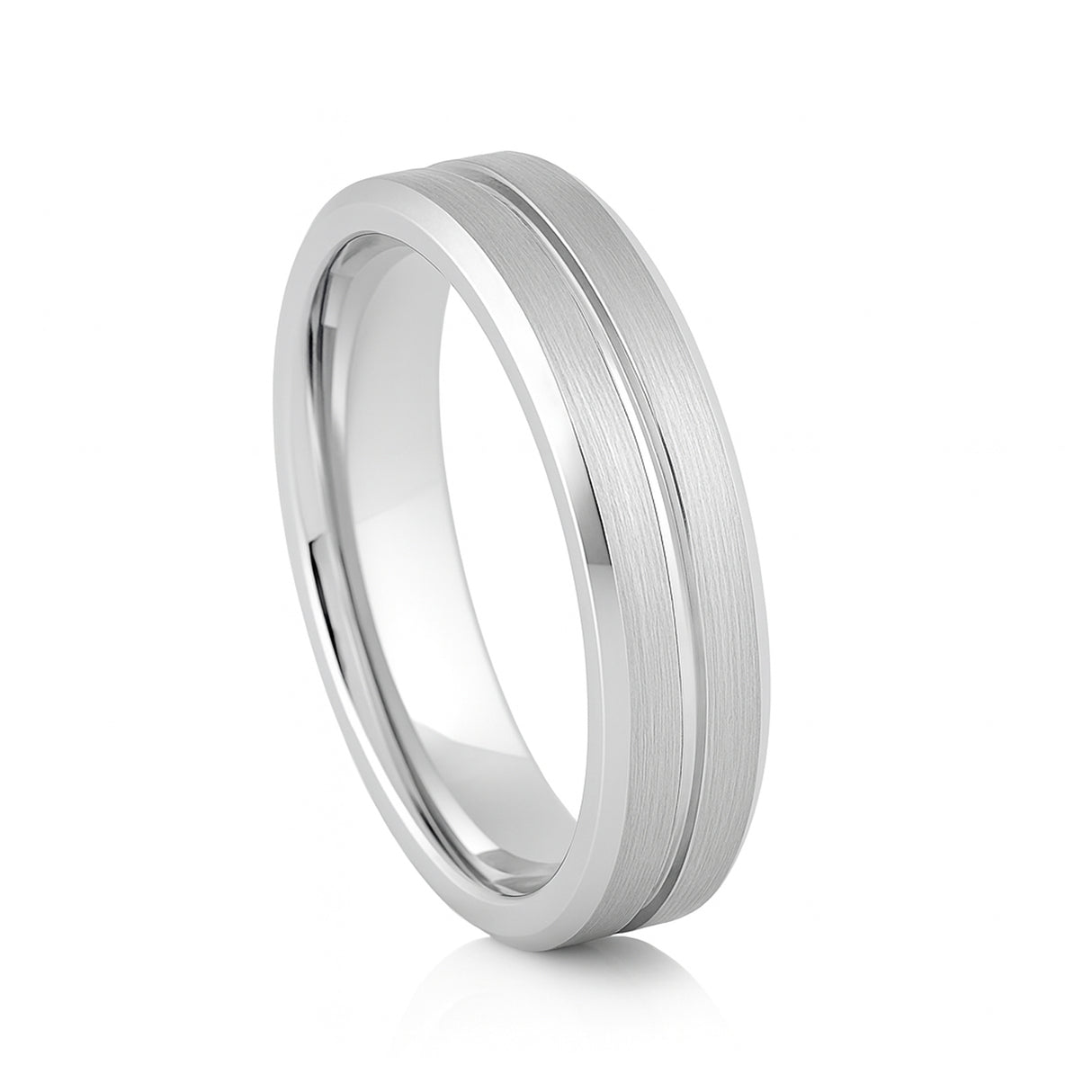 White Silver Platinum-Like Finish Tungsten Carbide Grooved Center Beveled Edged Ring - 6mm